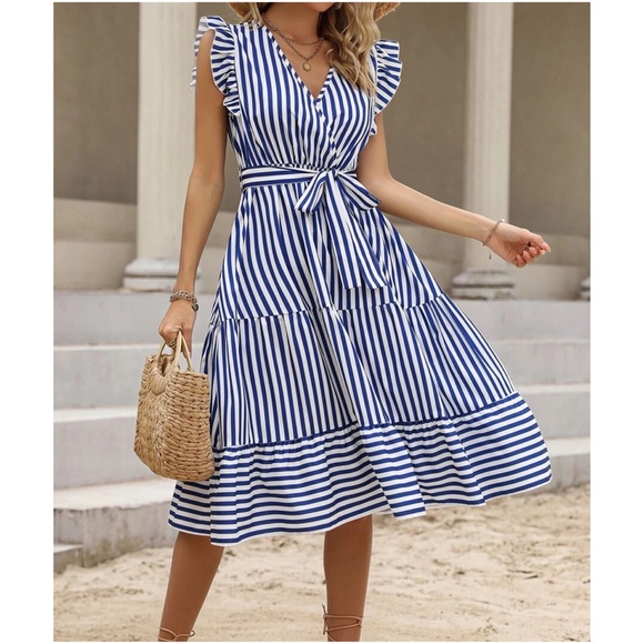 Boho Blue White Stripes Ruffle Sleeve dress - Picture 2 of 4